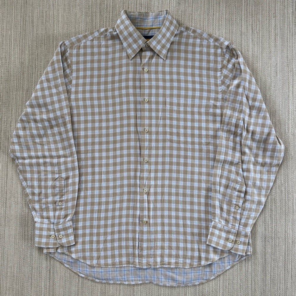 Robert Talbott Carmel tan blue plaid cotton long sleeve button up shirt men’s L